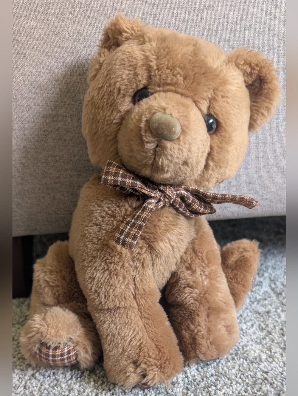 Vintage 1984 Dakin Light Brown Plush Teddy Bear Stuffed Animal Toy w/ Plaid Bow